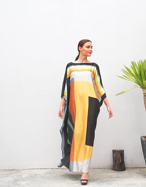 Geometric Printed Soft Silk Long Women Wear Kaftan